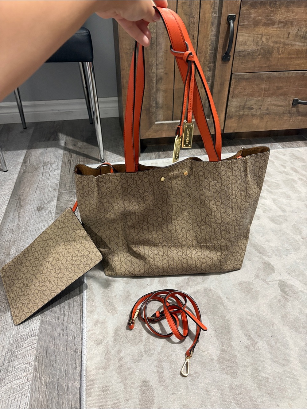CK Calvin  Tan Monogram Tote with Orange Straps